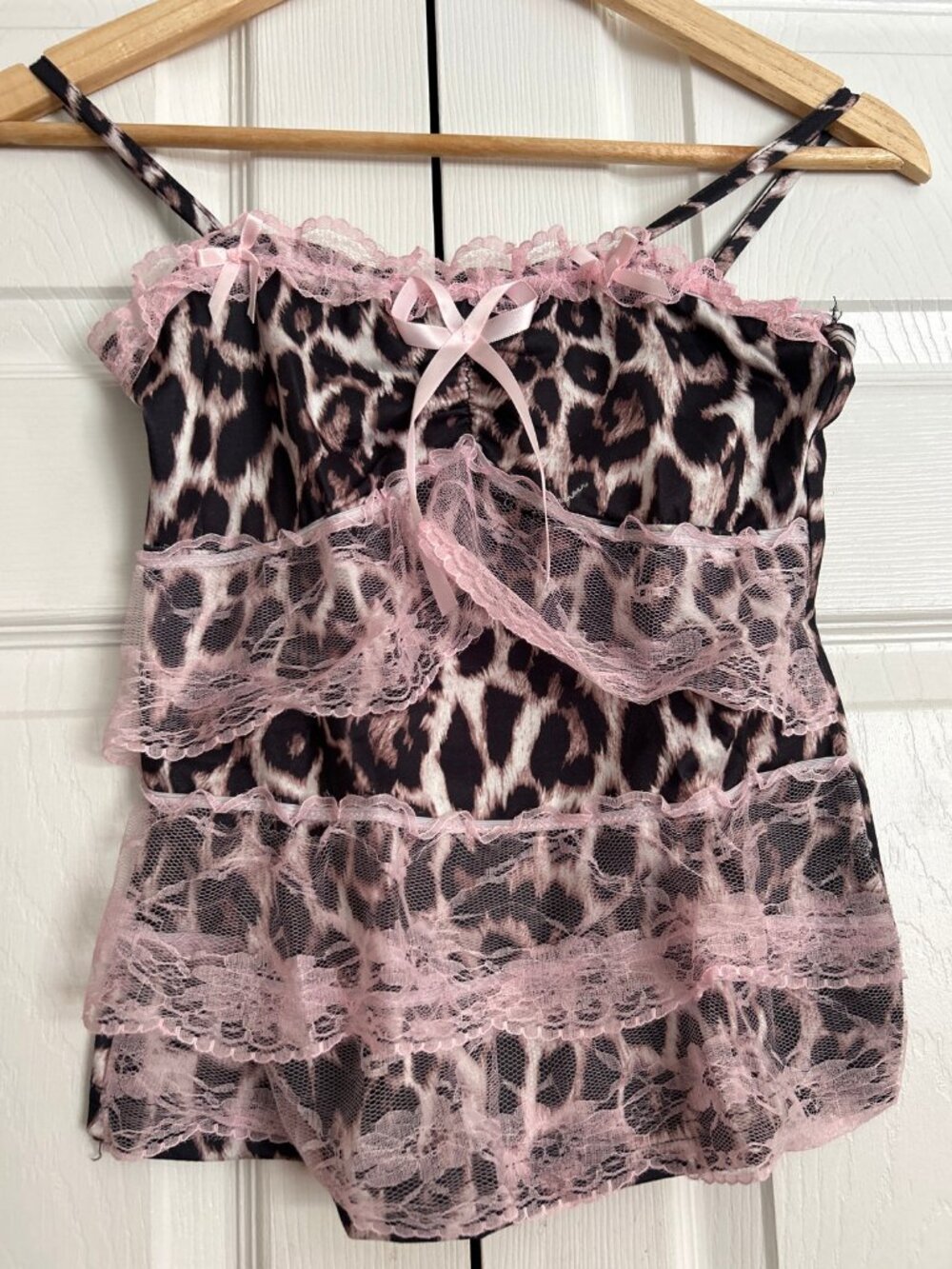 Y2K Leopard Print Cami Top Pink Lace Ruffles Bows Size L